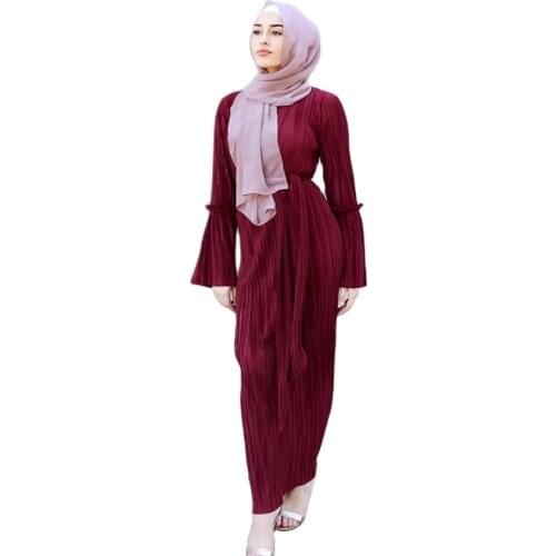 Muslim Wrinkled Thin Waist Dress Pleated Fashion Abaya Long Robes Trumpet Sleeve Arab Dubai Islamic Clothing