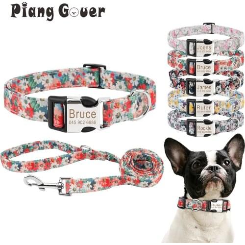 New Engraved Dog Collar Custom Puppy Cat Dog Leash Retro Pastoral Flower Personalized Nameplate ID Pet Collar Leashes