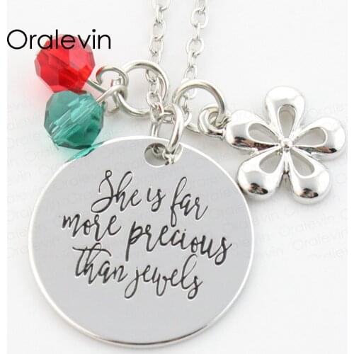 Wholesale SHE IS FAR MORE PRECIOUS THAN JEWELS Engraved Pendant Charms Necklace Lover Gift Jewelry 10Pcs/Lot,#LN198