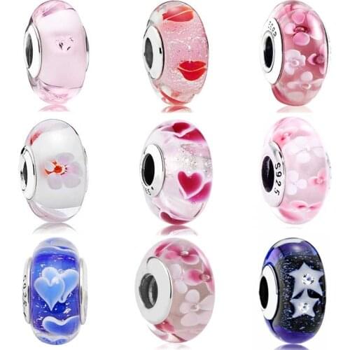 Original Starry Night Cherry Blossom Lampwork Murano Glass Charms Fit Europe Bracelet 925 Sterling Silver Glass Bead Jewelry