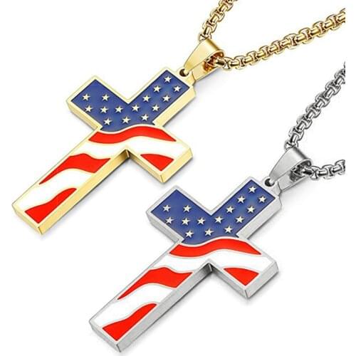 American Flag Necklace Cross Pendant Enamel USA Flag Stainless Steel Patriotic Christian Jewelry Men Gold Steel Color Long Chain