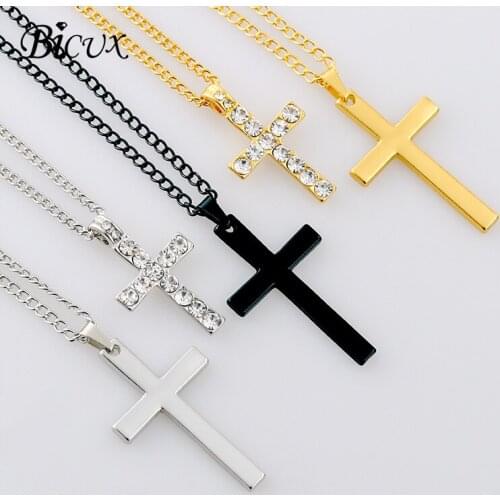 BICUX Fashion Christian Cross Mens Womens Pendant Necklaces Stainless Steel Gold Silver Color Long Chain Necklace Jewelry