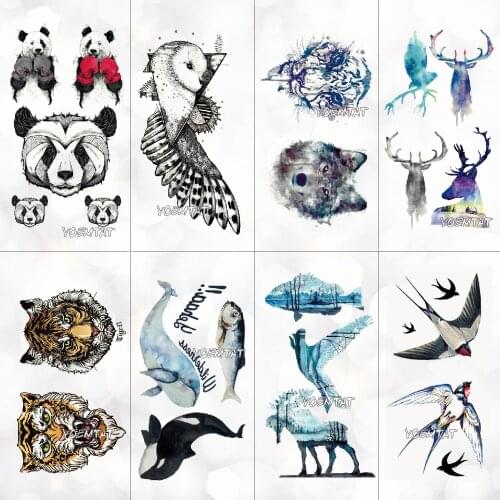 Panda Tiger Wolf Animals Pattern Temporary Tattoo Stickers Waterproof Women Fake Hand Animal Tattoos Men Body Art