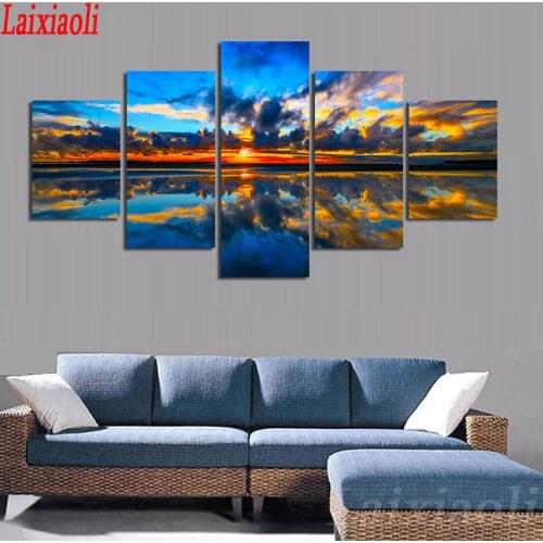 Needlework DIY Diamond Embroidery 5 Panel Sea Sunset Dusk lake/sea Scenery Diamond Painting Cross Stitch Full Rhinestone Mosaic