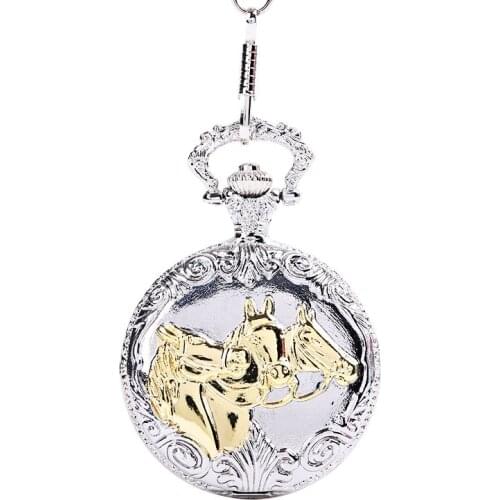 Siliver and golden Horse Quartz Pocke Watch Running Pattern Gold Hollow Necklace Pendant Vintage Chinese Animal