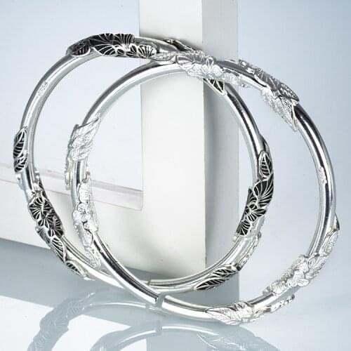 Vintage Luxury Carving Peony Flower Bangle Bracelet Elegant Opening Lotus Leaf Silver Color Bangle Cocktail Party Jewelry Gifts