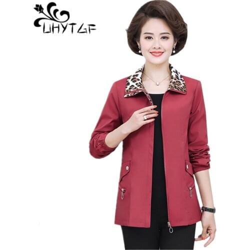UHYTGF Spring coat fashion zipper loose 5XL plus size tops outerwear elegant mom casual autumn jacket female short clothes 1374