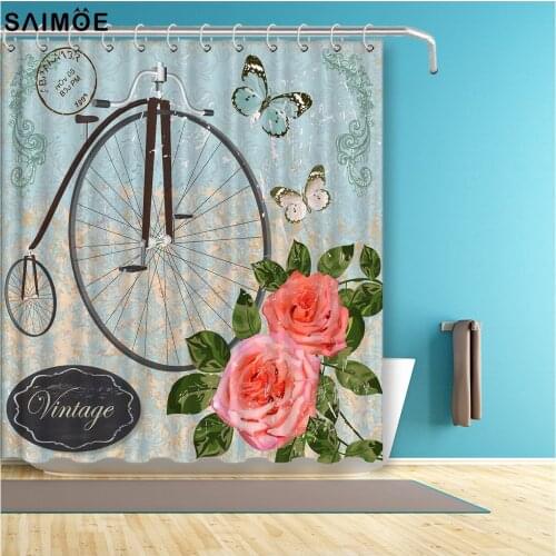 Vintage Flower Bike Bathroom Curtain Retro Bicycle Waterproof Shower Curtain Polyester Fabric Bath Shower Accessories