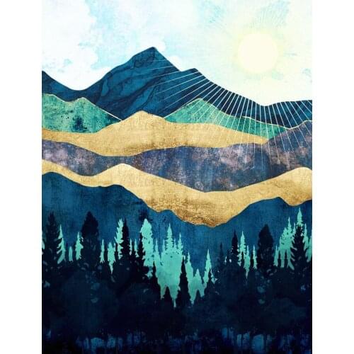Wall Art Abstract Canvas Gold Blue Forest Mountains Painting Nordic Posters Pictures Bedroom Printing Living Room Home Decor