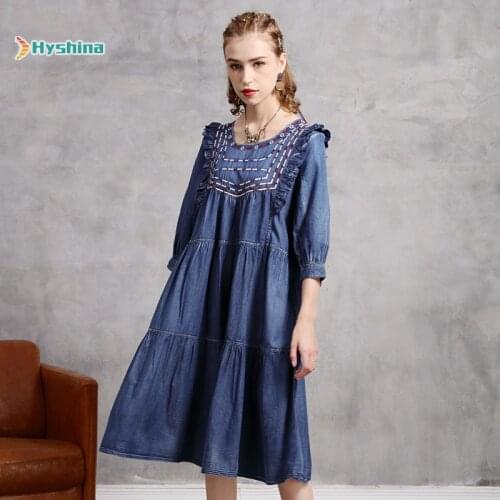 Retro Dress Womens New Embroidered Loose Denim Skirt Tassel Lace Up Dress