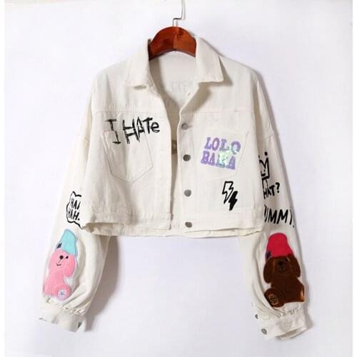 2021 Spring Vintage Letter Printed Jeans Jacket Long Sleeve Side Pockets Female Outerwear Chic Overcoat