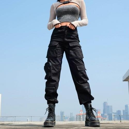 Rockmore Gothic High Street Cargo Pants With Ribbon Women Streetwear High Waist Trousers Plus Size Korea Pant Femme Fall Winter