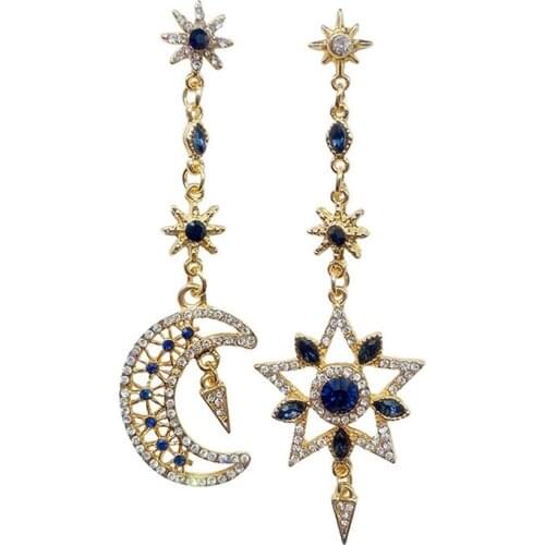 Womens Personality Shining Crystal Long Party Earring Korean Trendy Star Moon Asymmetric Dangle Earrings jewelery