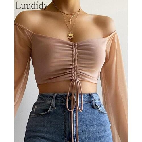 Women Off Shoulder Drawstring Ruched Sheer Lantern Sleeve Crop Top