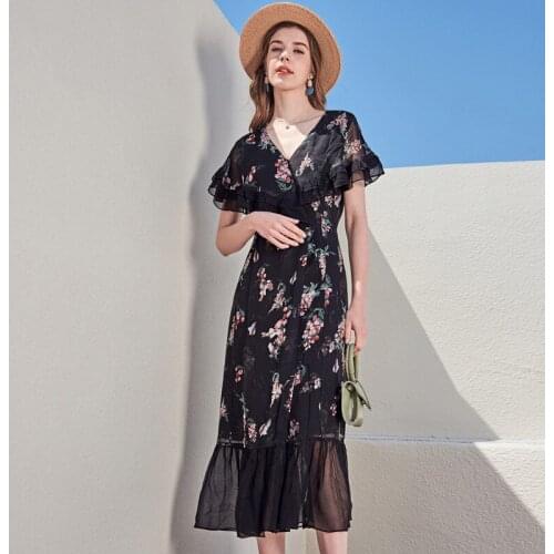Black chiffon silk floral maxi dress women femme 2020 summer long work boho beach office sexy party luxury dresses plus size