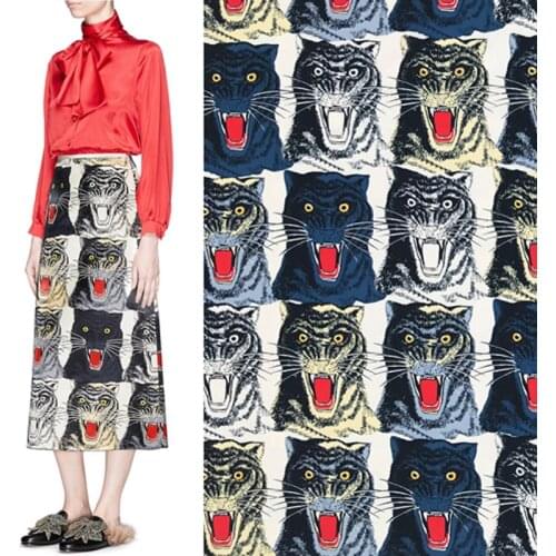 100X145cm Multicolor Leopards Tiger Heads Beige Stretch Polyester Fabric for Woman Summer Skirt Dress Sewing DIY