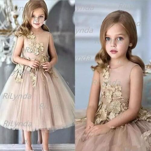 3DGold Flower Girl Dresses Applique Tulle Girls Birthday Banquet Pageant Dress O-Neck Party Flower Girl Dresses