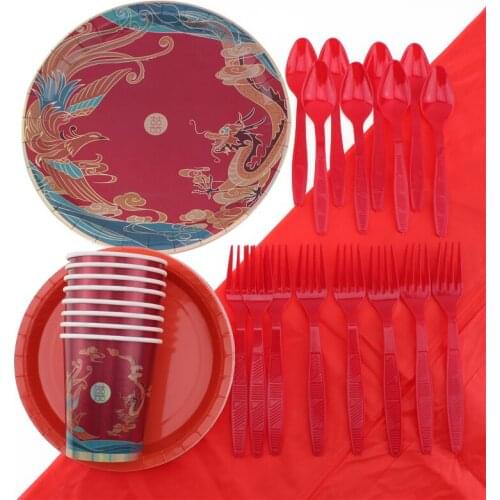 41Pc/Set Dragon and Phoenix Theme Disposable Tableware Birthday Decoration Baby Shower Tablecloths Spoons Napkins Party Supplies