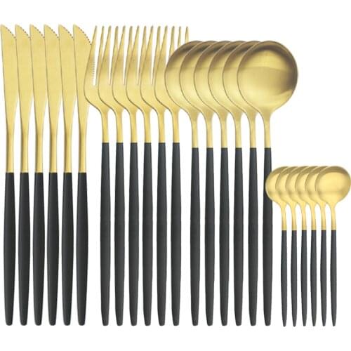 6 People Black Gold Cutlery Set Knife Fork Tea Spoon Dinnerware Stainless Steel Dinner Silverware Set Home Kitchen Tableware Set