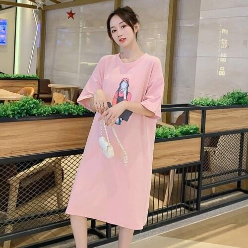 60485# Maternity Dress Summer Cotton Short Sleeves Loose Midi Dress Plus Size Pregnancy Dress Pregnant Women Mom Dress