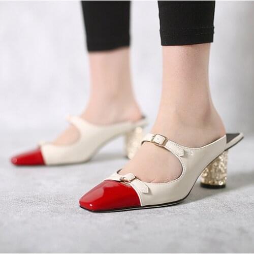 Apricot black square toe 6cm high round shiny heel shallow daily wear young lady slip on buckle straps women shoe HL354 MUYISEXI