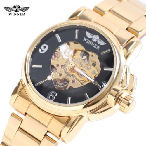 Promotional New Skeleton Watches Women Winner Steel Strap Mechanical Dress Watch Clocks Women Gold Whatch Erkek Saat Free Ship