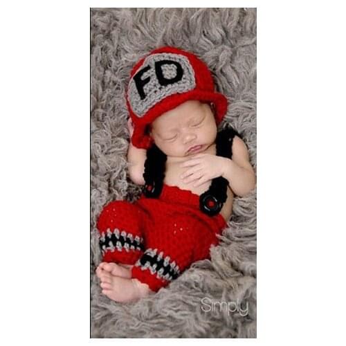 Newborn Fireman Outfits Suit Boy Girl Hat Hand-Woven Infant Photo Clothing Baby Holiday Gift Infant Photography Props