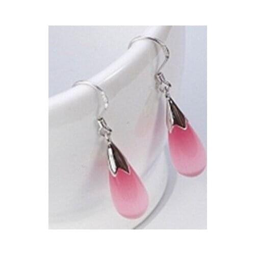HOT SELL - > 925 Silver pink Cats Eye Opal Stone Moonlight pink Waterdrop Earring -Top quality free shipping