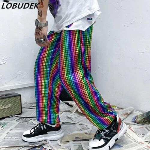 Hip Hop Multi-color Stripe Lattice Casual Pants Tide Male Street Fashion Pants Nightclub Stage Rap Singer Loose Legging Trousers