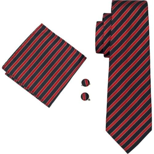 LS-1489 Barry.Wang Classic Men`s Tie 100% Silk Red Striped Necktie Hanky Cufflink Set For Men`s Wedding Party Business