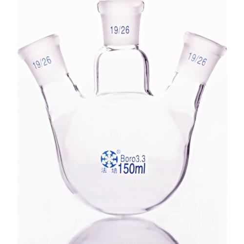 Three-necked flask oblique shape,with three necks standard grinding mouth,Capacity 150ml,Middle joint 19/26,lateral joint 19/26