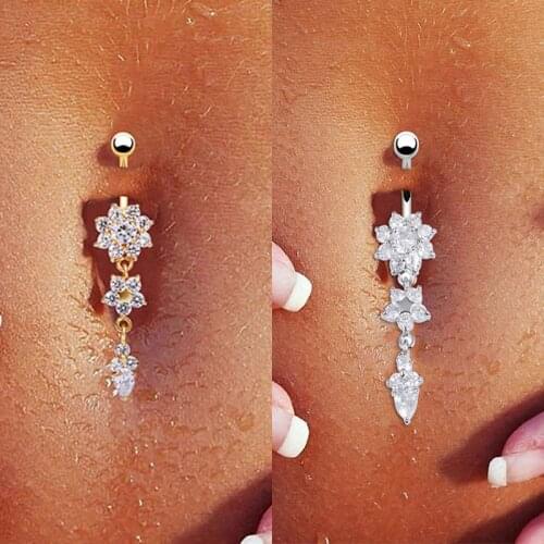 Crystal Drop Flower Body Jewelry Belly Button Ring Navel Piercing Pendant Crystal Belly Button Rings for Women Girls