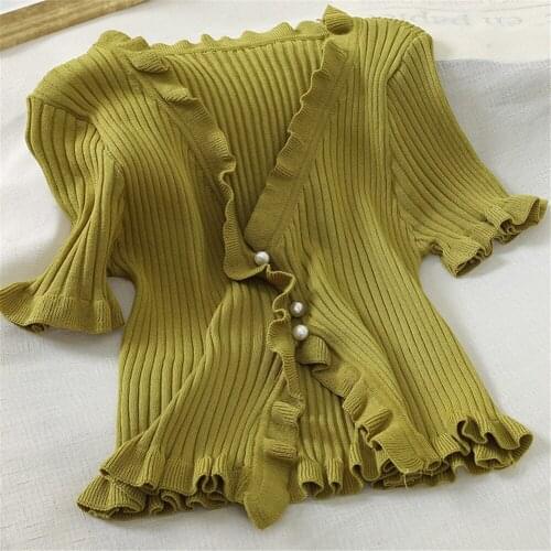 Korean Fashion Solid Ruffles Blouse Women Knitted Button V Neck Sweet Blusas Mujer Spring Summer Shirts 2020 New Tops