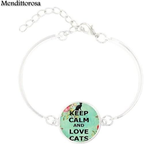 Mendittorosa Glass Bracelet Bangle Newest Silver Jewelry For Woman Vintage Statement Bracelet Bangle Keep Calm and Love Cats
