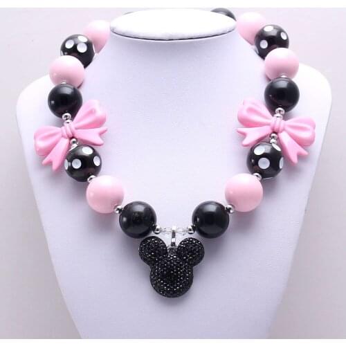MHS.SUN 2PCS Pink+Black Color Baby Kid Chunky Necklace Cartoon Pendant Girl Kids Bubblegum Chunky Bead Necklace Children Jewelry
