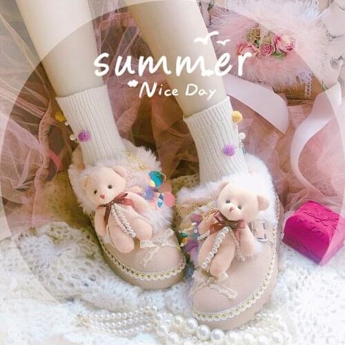 Cute bear sweet short boots soft girl thicken keep warm loli womens shoes autumn winter kawaii shoes cosplay loli women shoes