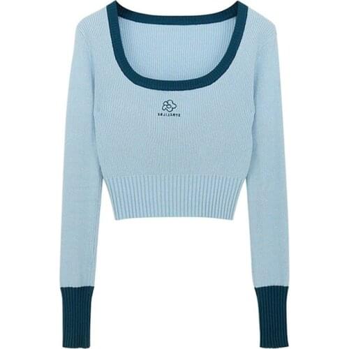 Japanese Style Sweet Knitted Pullovers Sweaters 2021 New Slim Crop Sweater Korean Square Collar Hit Color Patchwork Jumpers