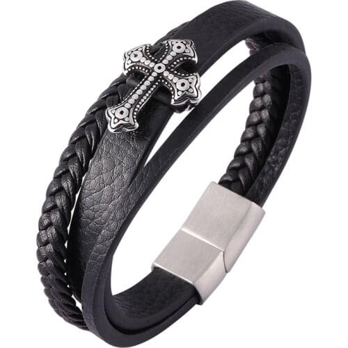 Fashion Men Jewelry Black Braided Leather Cross Bracelet Punk Stainless Steel Magnet Buckle Multilayer Bracelets Bangles SP0442