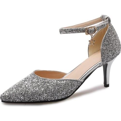 Fashion sequins female 19 years spring and summer with pointed buckle with hollow sandals 33-43