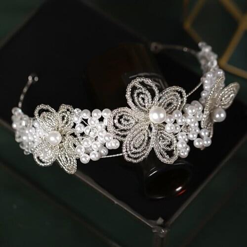 Fashion Pearl Flowers Headbands For Women Bride Crown Wedding Hair Ornaments Silver Color Tiaras Hairbands Gift Luxury Jewelry