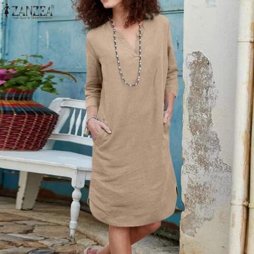 Autumn Shirt Dress 2021 ZANZEA Elegant Women V Neck 3/4 Sleeve Sundress Casual Solid Midi Vestidos Robe Femme Kaftan Dresses