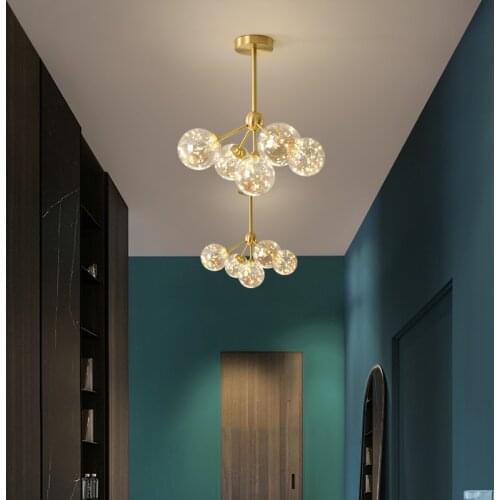 Nordic Led Copper Golden Lustre Ceiling Lamp Luxury Gypsophila Glass Ball Chandelier Home Decoration for Bedroom Corridor Aisle