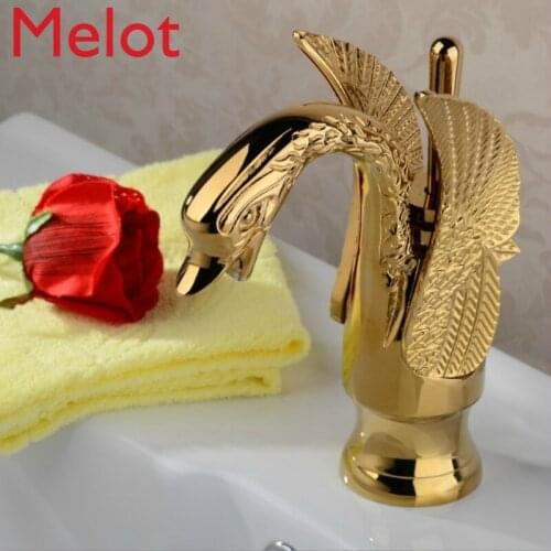 Antique gold-plated swan single faucet hot and cold wash basin faucet golden European basin retro faucet