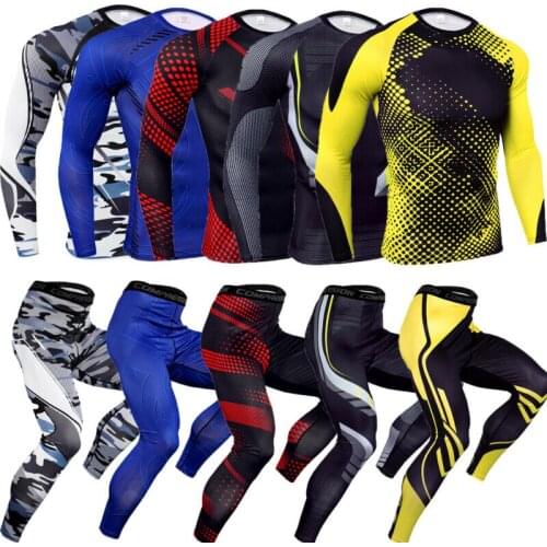 2 Pcs Sport Men Running Sets Compression Shirt Pants Set Fitness Sportswear Bodybuilding Tight Print Long Sleeve Gym Sport 2019