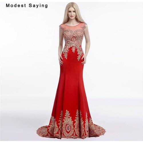 Elegant Gold and Red Mermaid O Neck Beaded Lace Evening Dresses 2017 Formal Engagement Party Prom Gowns vestido longo de festa