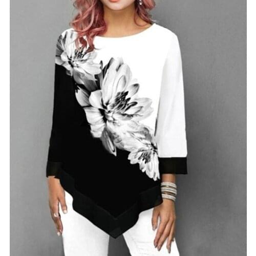 Floral Leopard Printed Patchwork Womens Fashion Casual Irregular O Neck 3/4 Sleeves Summer Tunic T Shirt Loose Pullovers Tops