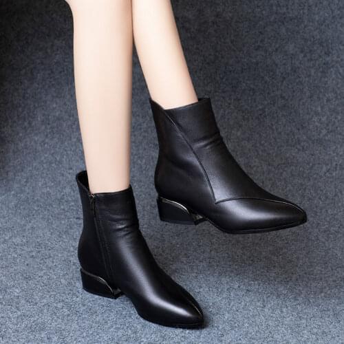 New Autumn Winter Genuine Leather Retro Square Toe Zipper Ankle Boots Square Heel All Match Women Shoes56gh