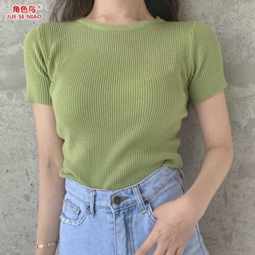 Woman Sweaters Character Bird Summer Round Neck Short Sleeves Slim T-shirt Knitted Womens Top