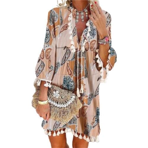 Women Bohemian Dress 3/4 Sleeve Paisley Print Tassels Mini Loose Dress for Spring/Summer Party Dress Femme Blue xl платье летнее