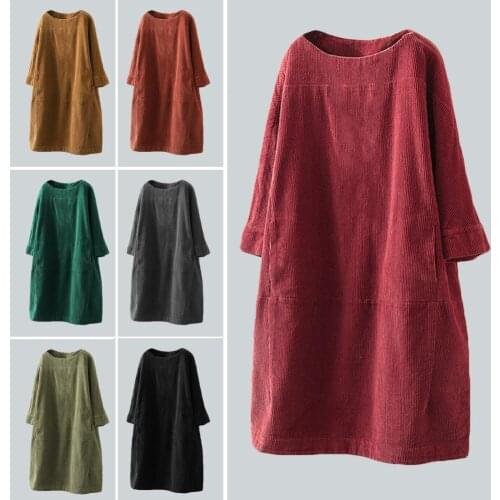 Women Dress Autumn Winter Casual Warm Solid Color Pockets Corduroy Loose Midi Dress Casual O-Neck Sexy Party Dress Robe Femme